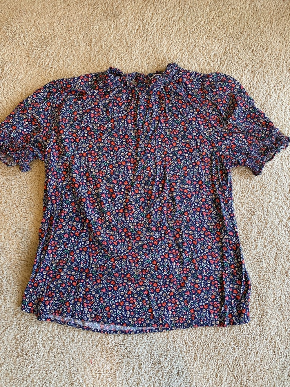 Navy Floral Mock-Neck Short Sleeve Blouse